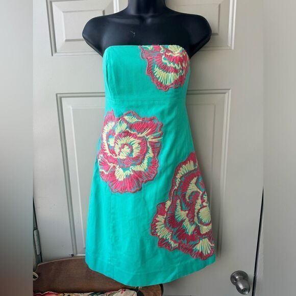 Lilly Pulitzer Bowen Lagoon Green Comb Get It Embroidered Strapless Dress Sz 2 - Picture 5 of 15